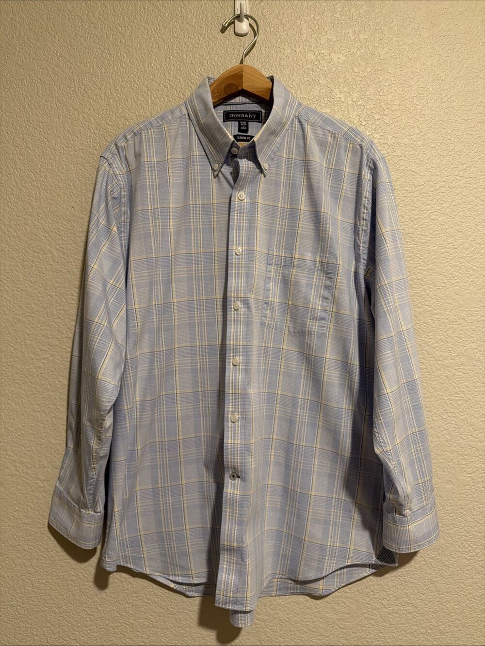 NEW Crown & Ivy Men's Classic Fit Dress Shirt Blue Plaid Preppy 16 16.5 32 33 L